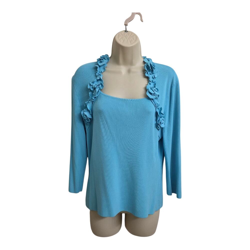 Venini Women's Knit Top Stretch Shirt Long Sleeve Blue Size Large Ruffles